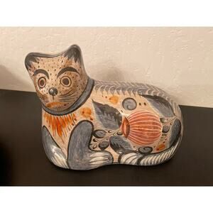 Vintage Tonala Artisan Cat Folk Art Burnished Pottery Ceramic Mexican Large